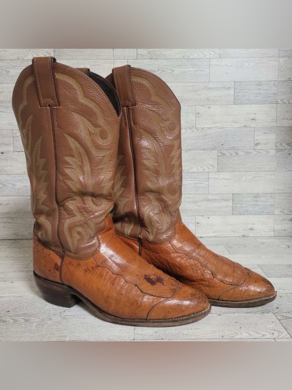 Men's Justin Exotic Ostrich Wingtip Brown Leather Western Cowboy Boots Size 8.5